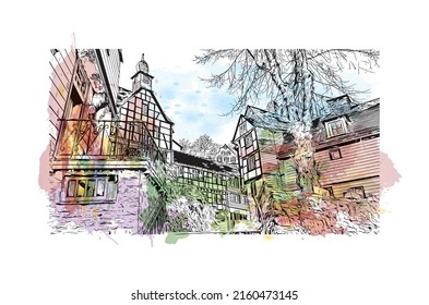 Building view with landmark of Monschau is a town in western Germany. Watercolor splash with hand drawn sketch illustration in vector.