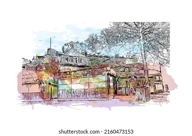 Building view with landmark of Monschau is a town in western Germany. Watercolor splash with hand drawn sketch illustration in vector.