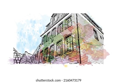 Building view with landmark of Monschau is a town in western Germany. Watercolor splash with hand drawn sketch illustration in vector.