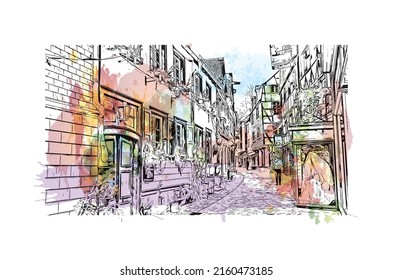 Building view with landmark of Monschau is a town in western Germany. Watercolor splash with hand drawn sketch illustration in vector.
