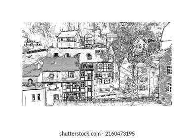 Building view with landmark of Monschau is a town in western Germany. Hand drawn sketch illustration in vector.