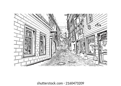 Building view with landmark of Monschau is a town in western Germany. Hand drawn sketch illustration in vector.