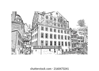Building view with landmark of Monschau is a town in western Germany. Hand drawn sketch illustration in vector.