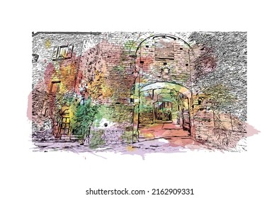Building view with landmark of Montepulciano is the 
town in Italy. Watercolor splash with hand drawn sketch illustration in vector.