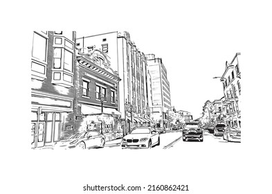 Building view with landmark of Monterey is the city in California. Hand drawn sketch illustration in vector.