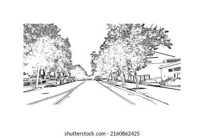 Building view with landmark of Monterey is the city in California. Hand drawn sketch illustration in vector.