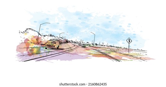 Building view with landmark of Monterey is the city in California. Watercolor splash with hand drawn sketch illustration in vector.