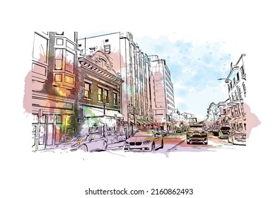 Building view with landmark of Monterey is the city in California. Watercolor splash with hand drawn sketch illustration in vector.