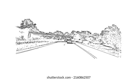 Building view with landmark of Monterey is the city in California. Hand drawn sketch illustration in vector.