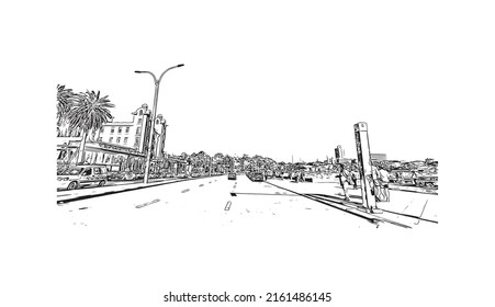 Building view with landmark of Montevideo is the capital of Uruguay. Hand drawn sketch illustration in vector.