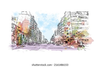 Building view with landmark of Montevideo is the capital of Uruguay. Watercolor splash with hand drawn sketch illustration in vector.