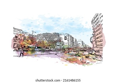Building view with landmark of Montevideo is the capital of Uruguay. Watercolor splash with hand drawn sketch illustration in vector.