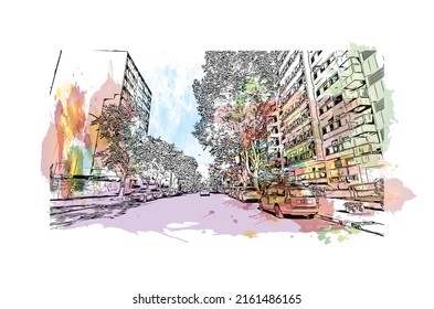 Building view with landmark of Montevideo is the capital of Uruguay. Watercolor splash with hand drawn sketch illustration in vector.