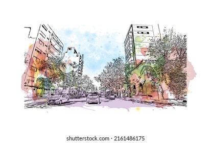 Building view with landmark of Montevideo is the capital of Uruguay. Watercolor splash with hand drawn sketch illustration in vector.