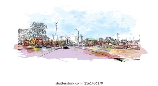 Building view with landmark of Montevideo is the capital of Uruguay. Watercolor splash with hand drawn sketch illustration in vector.