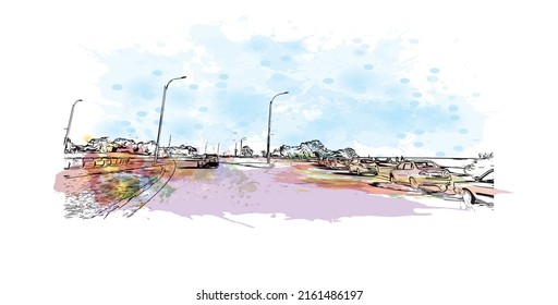 Building view with landmark of Montevideo is the capital of Uruguay. Watercolor splash with hand drawn sketch illustration in vector.