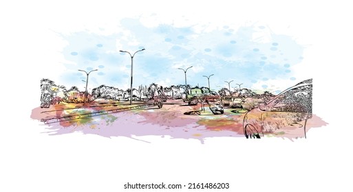 Building view with landmark of Montevideo is the capital of Uruguay. Watercolor splash with hand drawn sketch illustration in vector.