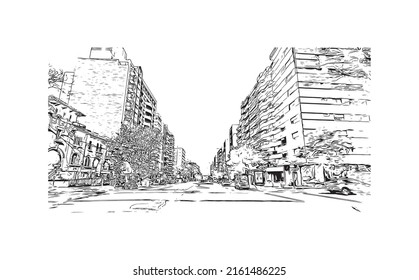 Building view with landmark of Montevideo is the capital of Uruguay. Hand drawn sketch illustration in vector.