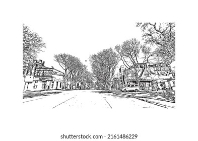 Building view with landmark of Montevideo is the capital of Uruguay. Hand drawn sketch illustration in vector.