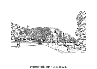 Building view with landmark of Montevideo is the capital of Uruguay. Hand drawn sketch illustration in vector.