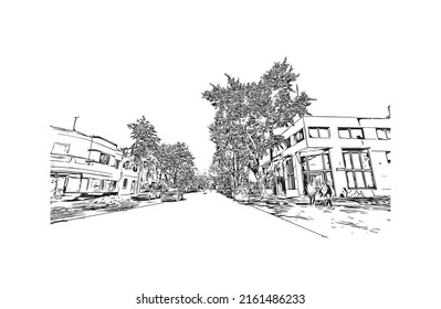 Building view with landmark of Montevideo is the capital of Uruguay. Hand drawn sketch illustration in vector.