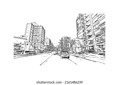Building view with landmark of Montevideo is the capital of Uruguay. Hand drawn sketch illustration in vector.