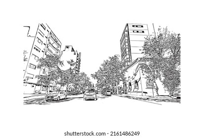 Building view with landmark of Montevideo is the capital of Uruguay. Hand drawn sketch illustration in vector.