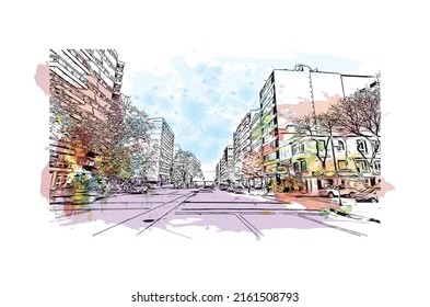 Building view with landmark of Montevideo is the capital of Uruguay. Watercolor splash with hand drawn sketch illustration in vector.