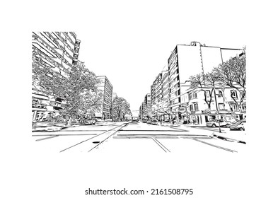 Building view with landmark of Montevideo is the capital of Uruguay. Hand drawn sketch illustration in vector.