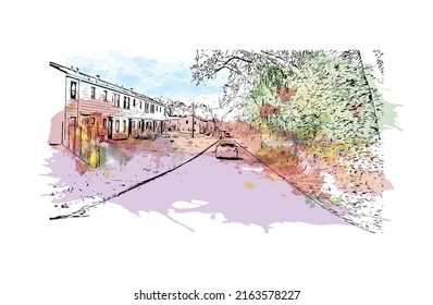 Building view with landmark of Montgomery is the 
city in Alabama. Watercolor splash with hand drawn sketch illustration in vector.