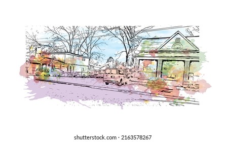 Building view with landmark of Montgomery is the 
city in Alabama. Watercolor splash with hand drawn sketch illustration in vector.