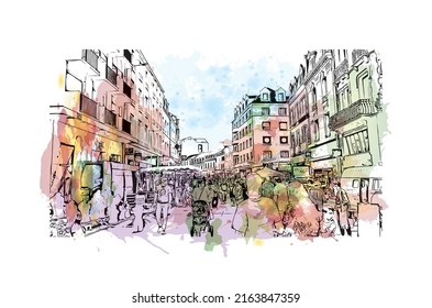 Building view with landmark of Montlucon is the 
commune in France. Watercolor splash with hand drawn sketch illustration in vector.