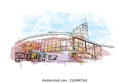Building view with landmark of Montlucon is the 
commune in France. Watercolor splash with hand drawn sketch illustration in vector.