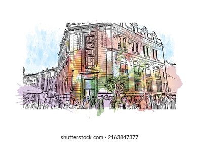 Building view with landmark of Montlucon is the 
commune in France. Watercolor splash with hand drawn sketch illustration in vector.