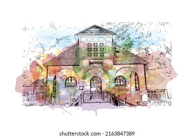 Building view with landmark of Montlucon is the 
commune in France. Watercolor splash with hand drawn sketch illustration in vector.