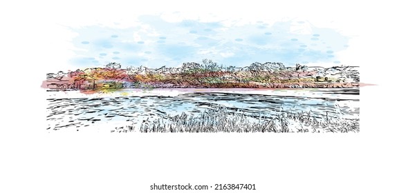 Building view with landmark of Montlucon is the 
commune in France. Watercolor splash with hand drawn sketch illustration in vector.