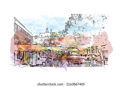 La vista de edificio con monumento de Montluçon es la 
comuna en Francia. Salto de color de agua con ilustración de esbozo dibujada a mano en vector.