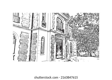 Der Ausblick auf das Gebäude mit Wahrzeichen von Montlucon ist der 
Gemeinde in Frankreich. Handgezeichnete Skizzengrafik in Vektorgrafik.