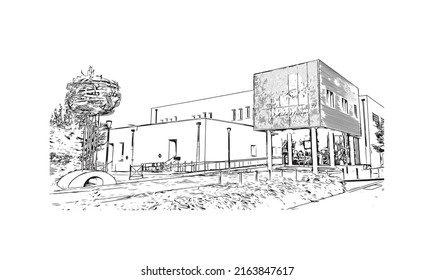 La vista de edificio con monumento de Montluçon es la 
comuna en Francia. Dibujo a mano de ilustración de esbozo en vector.