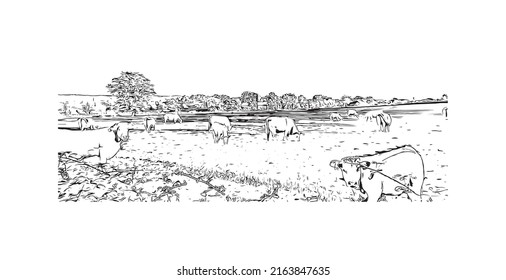 Building view with landmark of Montlucon is the 
commune in France. Hand drawn sketch illustration in vector.