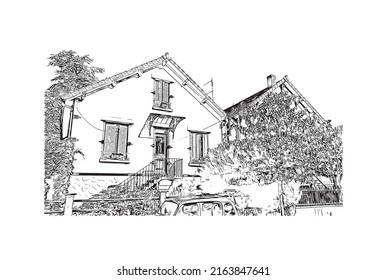 Der Ausblick auf das Gebäude mit Wahrzeichen von Montlucon ist der 
Gemeinde in Frankreich. Handgezeichnete Skizzengrafik in Vektorgrafik.