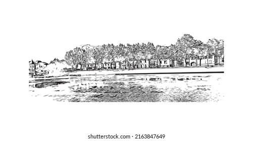 Building view with landmark of Montlucon is the 
commune in France. Hand drawn sketch illustration in vector.
