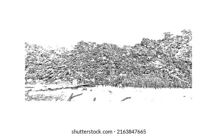 Building view with landmark of Montlucon is the 
commune in France. Hand drawn sketch illustration in vector.