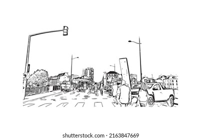 La vista de edificio con monumento de Montluçon es la 
comuna en Francia. Dibujo a mano de ilustración de esbozo en vector.