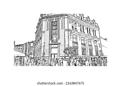 La vista de edificio con monumento de Montluçon es la 
comuna en Francia. Dibujo a mano de ilustración de esbozo en vector.
