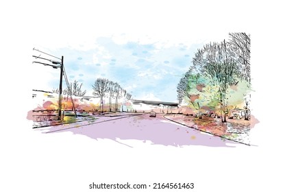 Building view with landmark of Montpelier is the 
city in Vermont. Watercolor splash with hand drawn sketch illustration in vector.