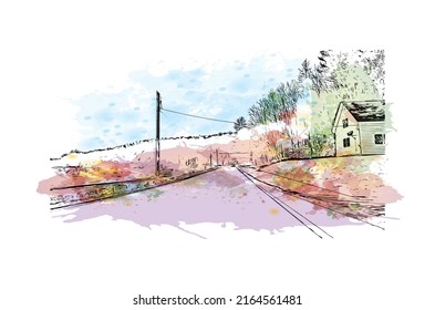 Building view with landmark of Montpelier is the 
city in Vermont. Watercolor splash with hand drawn sketch illustration in vector.