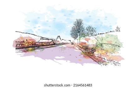 Building view with landmark of Montpelier is the 
city in Vermont. Watercolor splash with hand drawn sketch illustration in vector.