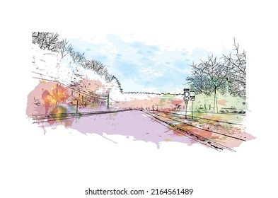 Building view with landmark of Montpelier is the 
city in Vermont. Watercolor splash with hand drawn sketch illustration in vector.