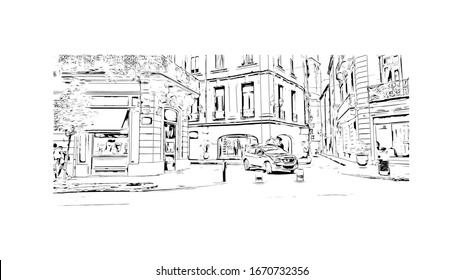 Building view with landmark of Montpellier is a city in southern France, 10km inland from the coast of the Mediterranean Sea. Hand drawn sketch illustration in vector.